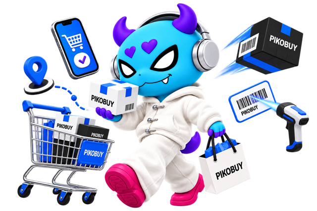 Pikobuy Spreadsheet mascot surrounded by shopping bags and parcels